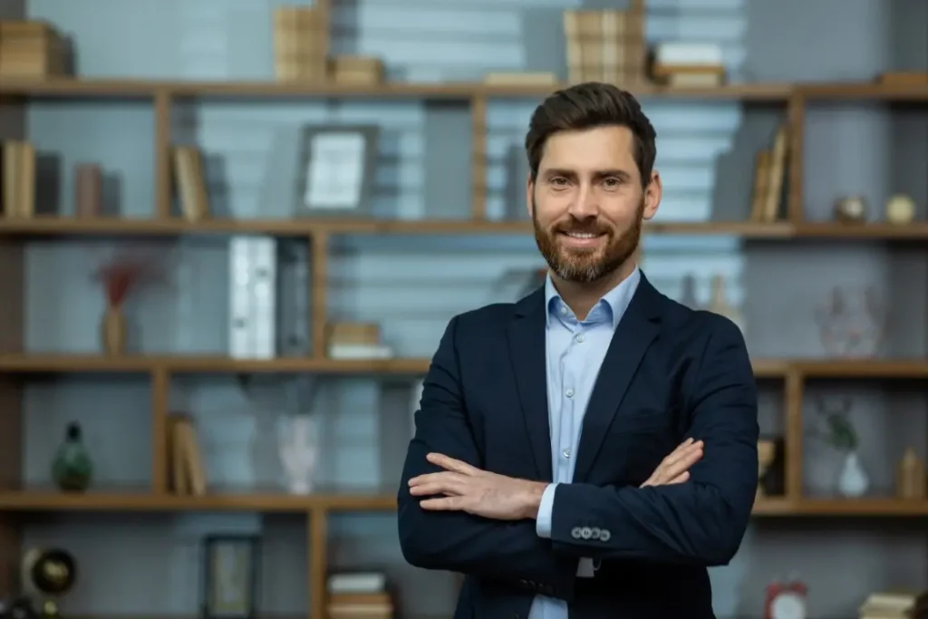 Lawyer looking confident after developing a marketing strategy for his law firm.